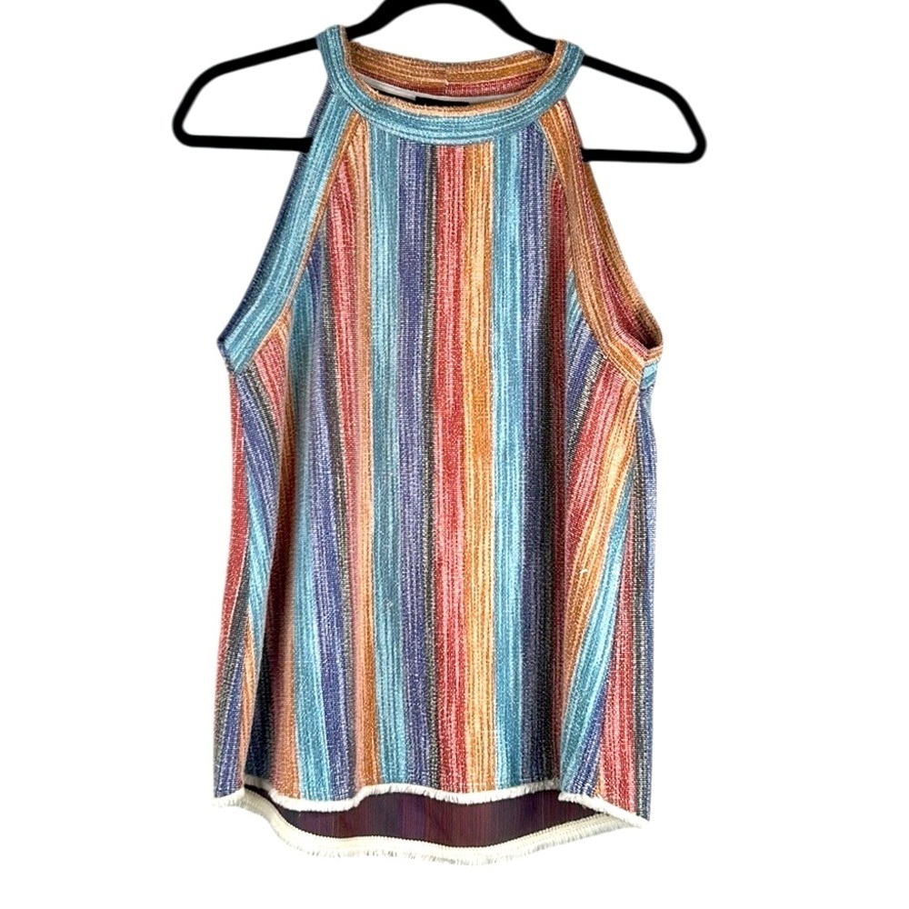 W5 Summer Spring Stripe High Neck‎ Sleeveless Casual Top Size Large